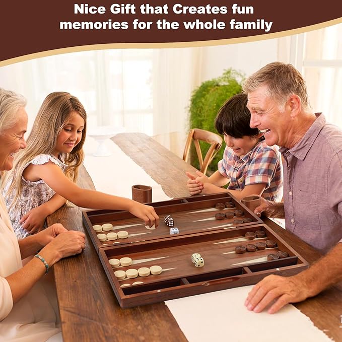 Handcrafted Wooden Backgammon Set 16 Large Size Classic Two-Player Strategy Board Premium Travel Game Board for Adults &amp Teenagers