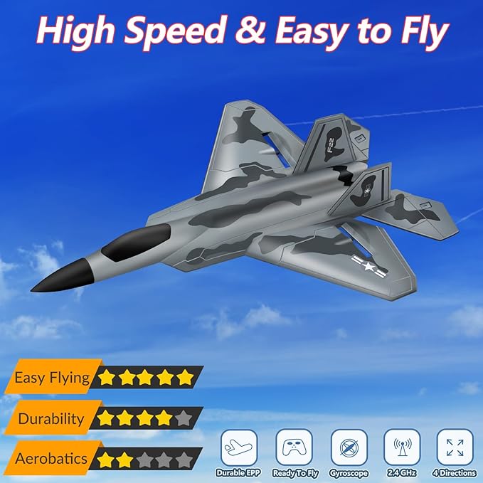 HAWK'S WORK 2 CH RC Airplane F-22 Plane Ready to Fly 2.4GHz Remote Control Easy to Fly RC Glider for Kids &amp Beginners