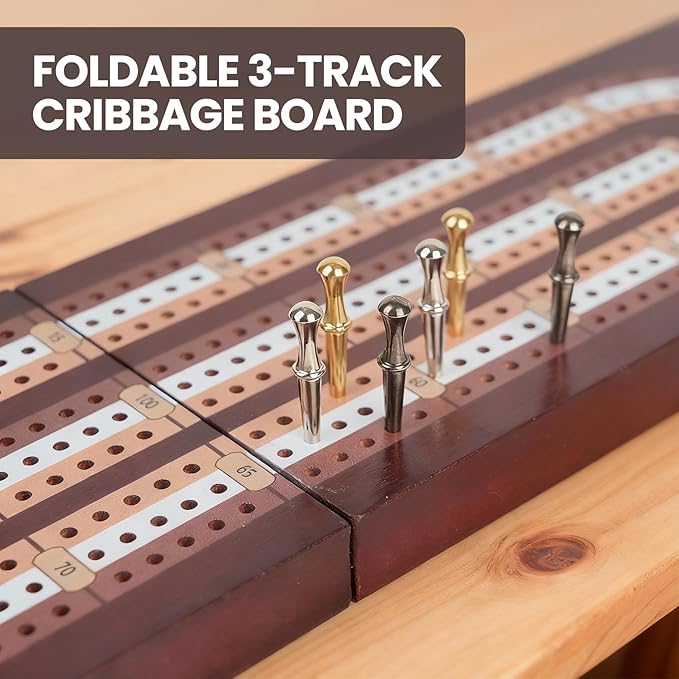 Cribbage Board Game Set Magnetic Lock &amp Built-in Storage - 3-Track Foldable Portable Travel Board for Family &amp Adults to Boost Logic Focus and Social Fun