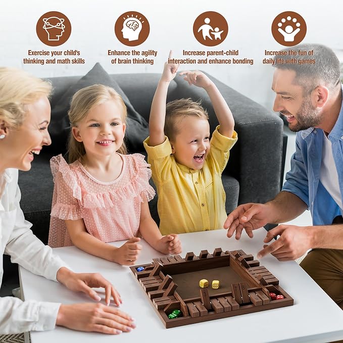 Shut The Box Game Wooden 1 2 3 4 Players Shut The Box Board Games with 8 Dice Math Addition and Pub Close The Box Game Wodden for Kids &amp Adults 12 Inch