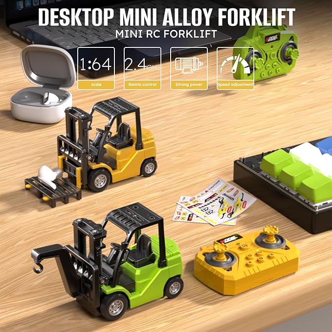1/64 Mini RC Forklift Toy10 Channel 2 Mode Remote Control Forklift Truck with Rechargeable Battery 2 in 1 Transformable Lift Fork &amp Hook with Lights &amp Sounds Gift for Adults Kids Boys Girls