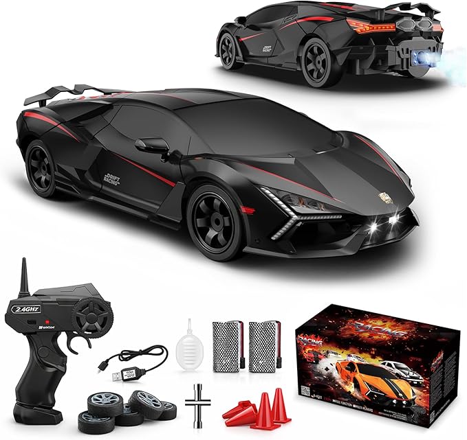 RC Drift Car 1:16 Remote Control Car 2.4Ghz High Speed RC Cars 4WD Racing Sport Toy Cars with LED Lights Spray Drifting Tires 2 Batteries for Kids Boys Girls Adults Birthday Christmas