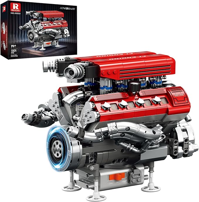 Reobrix V8 Engine Building Set for Adults 1101 PCS Mechanical Building Blocks with Realistic Engine Motor Car Engine Engineering DIY Model Kit STEM Educational Gift for Car Lovers &amp Collectors