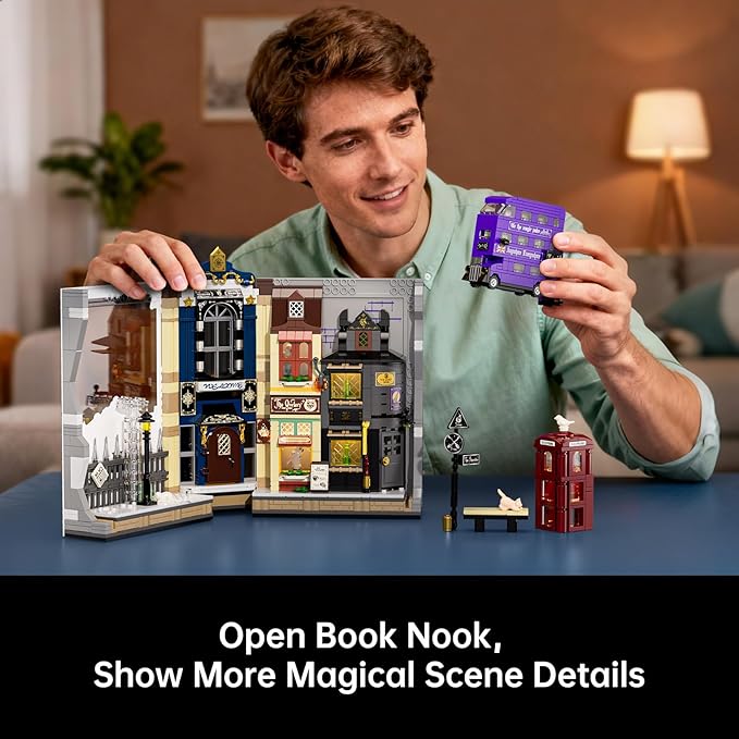 Wizarding Magic Street &amp Floating Iconic Bus Building Set - Enchanted Shop Scene Book Nook Building Set Collectible Fantasy Model for Fans &amp Kids Birthday Gift Idea