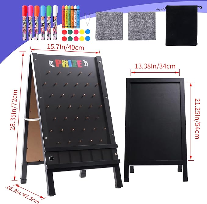 Prize Drop Game Board 15.7X27.5 Double-Sided Foldable Design with Wooden A-Frame Chalkboard Sign for Family Carnival Trade Show &amp Party-Includes 10 Coin Drop Discs and Chalk Set Portable Des