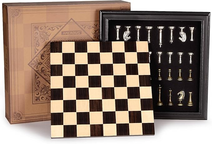 AMEROUS 12.5 inches Wooden Chess Set with Metal Chess PiecesClassic Board Game w/ 2.5'' King/Storage for Chessmen/Instructions Chess Sets for Adults Kids Beginner