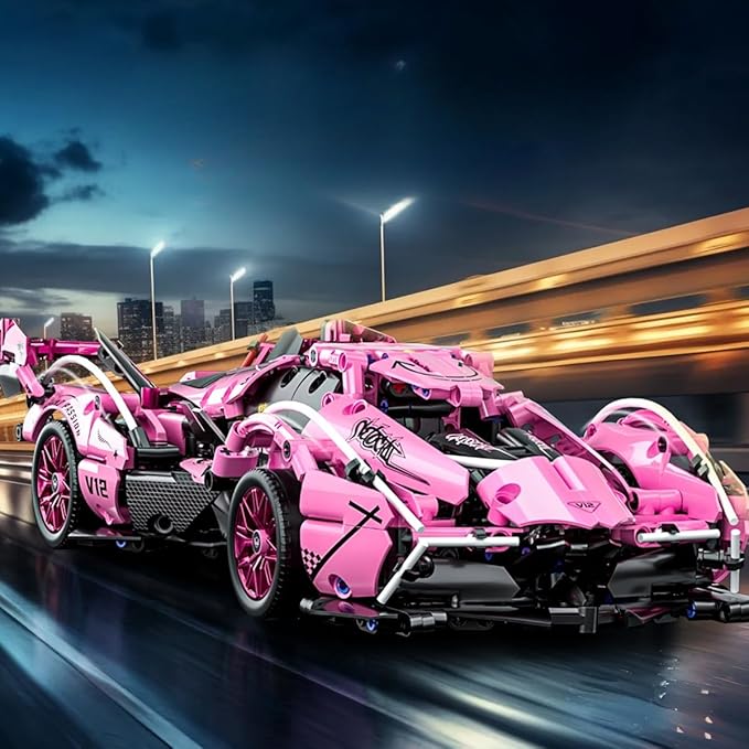 Sport Racing Car Building Block Sets for Adults 1:14 Pink Race Supercar Toys Kits Collectible MOC Model Christmas Xmas Birthday Gifts for Old Boys and Girls Teens Men Women Age 8-12 12-1614+