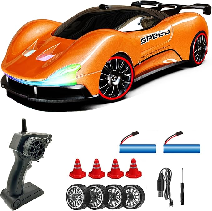1:20 Scale Remote Control Drift Car 4WD 2.4GHz Racing Sport Toy RC Car with LED Lights Racing and Drift Wheels (Orange)