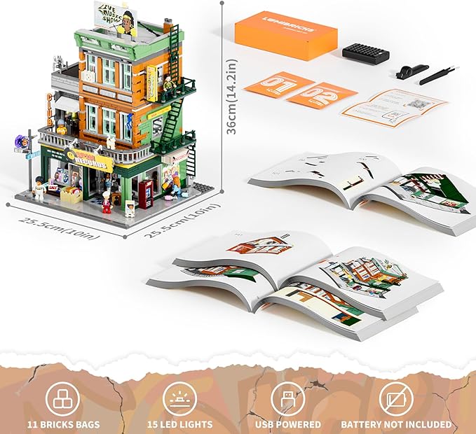 Record Store Lighting Building Bricks Set - Street Fusion City Town Audio Shop Multi-Form Modular Collection Kit 1980 Pcs for Adults &amp Teen &amp Music Lovers