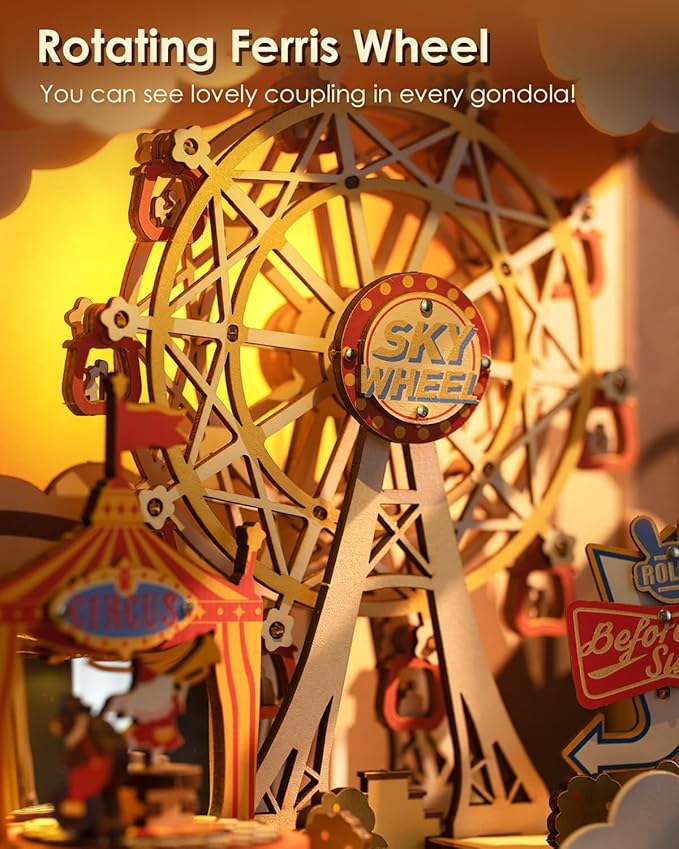 Rolife 3D Wooden Puzzles for Adults DIY Book Nook Kit 16 Ferris Wheel Music Box Model Building Set with LED Crafts for Adults Gifts for Girls Boys (Sunset Carnival)