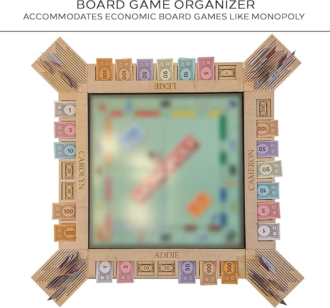 Custom Board Game Frame Personalized Game Board Organizer Compatible with Monopoly Board Game and Monopoly Game Pieces | Economic Themed Game Organizer | Complete Set | Ebony\