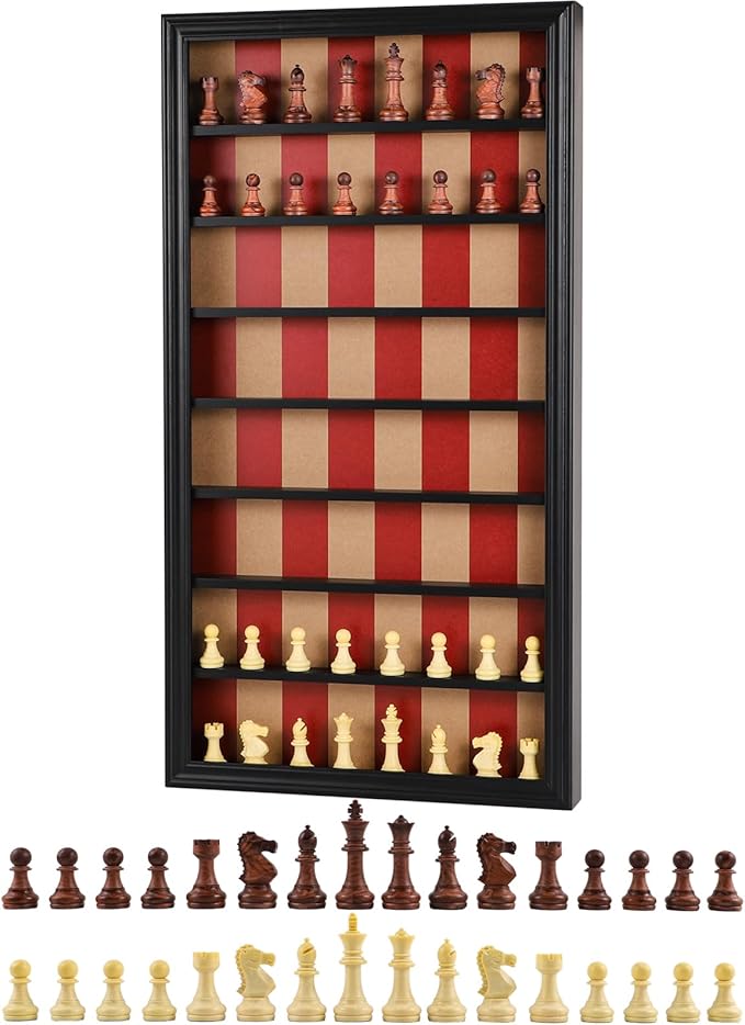 Giant Wall Mounted Board Game Wooden Chess Game Set with A Complete Set of Carved Chess Pieces Vertical Display Cabinet for Home Games Hanging Art Home Decoration (Black)