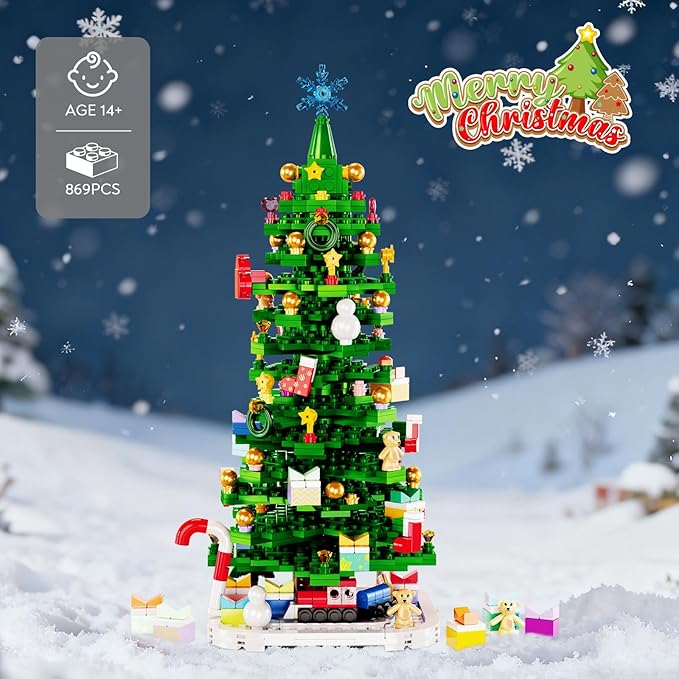 2025 Christmas Tree Building Blocks Kit Christmas Tree Toy Bricks Creative Home Decor Building Toys for 14+ Year Old Boys/Girls 869Pcs Deep Green