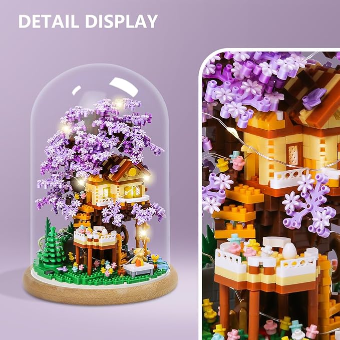 DIY Flower Building Toy Sets Miniature Cherry Blossom Tree House Building Kit Purple &amp Yellow Sakura Flowers Building Blocks Set for Adults &amp Girls - Bonsai Tree Model with Dust Cover