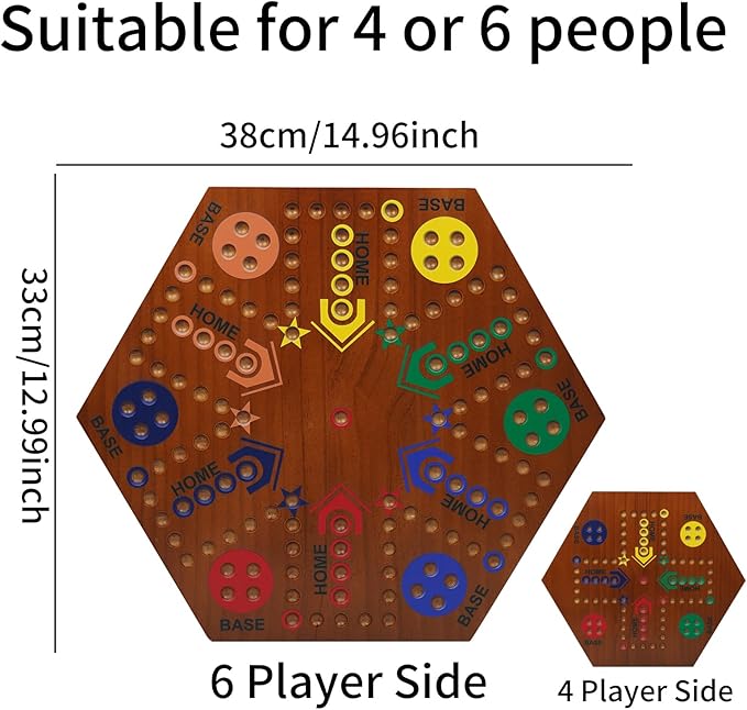 Wooden Board Games- -Marble Board Game -Surfacepainting-Double Sided Painted 15inch Fast Track for 6 and 4 Players with 6 Colors 30 Marbles 6 Dice for Kids Friends Family Game Party (Walnut)