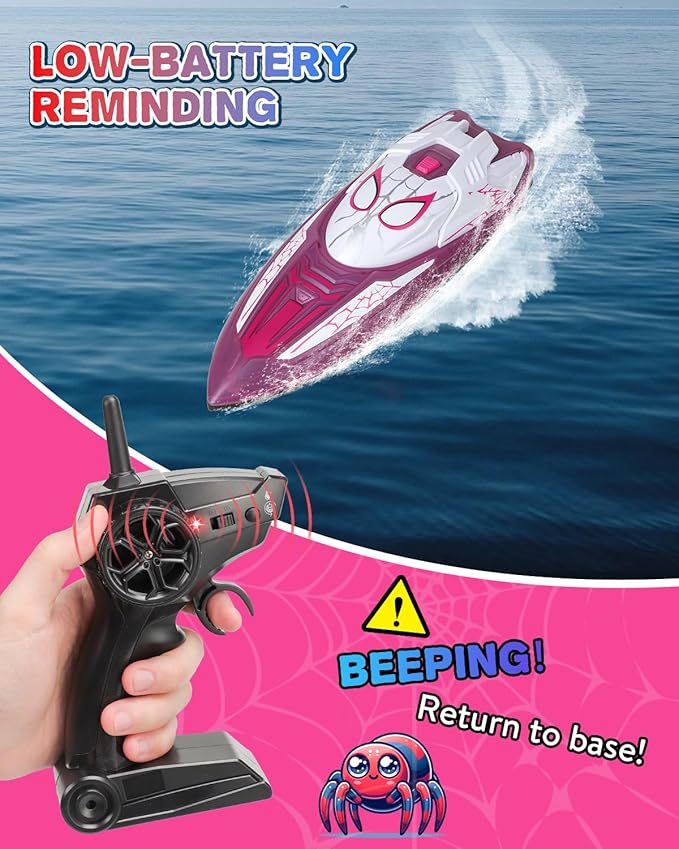 Spider Hero RC Boat 2.4GHz Remote Control Boat with LED Lights for Kids Pool Toy with 2 Rechargeable Batteries Spray Function and Low Battery Alarm for Boys &amp Girls (Spider Girl)