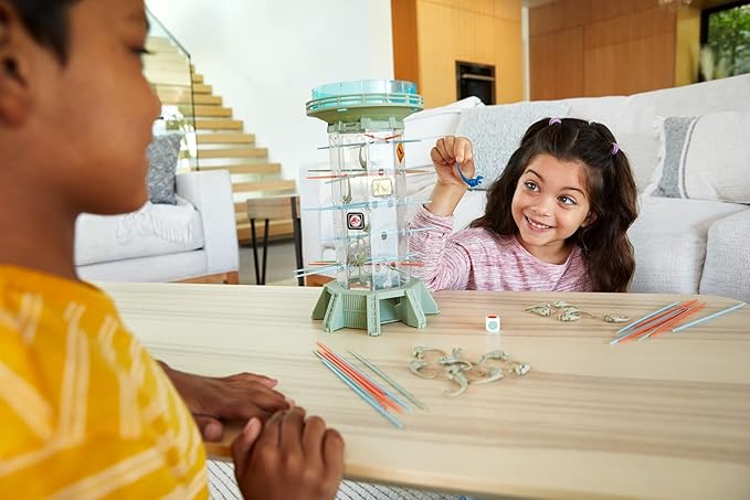Mattel Games Jurassic World Dominion KerPlunk! Raptors Game with Tower Sticks and Toy Velociraptor Dinosaurs Toy and Collectible