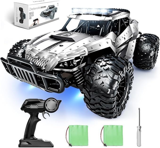 Tecnock RC Car 1/16 Scale Remote Control Car for Boys High Speed 20 Km/h All Terrains Rc Monster Truck with Two Rechargeable Batteries &amp Head Chassis Lights Gift Toy for Kids Adults Silver