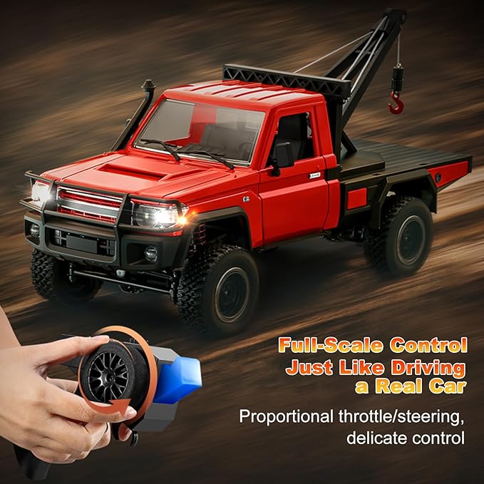 RC Crawler 1:12 Scale New Upgrade MN82-T RC Truck Crane 4WD LC79 Off Road Remote Control Pickup with Lights All Terrain Wrecker Vehicle for Teens Adults (Red)