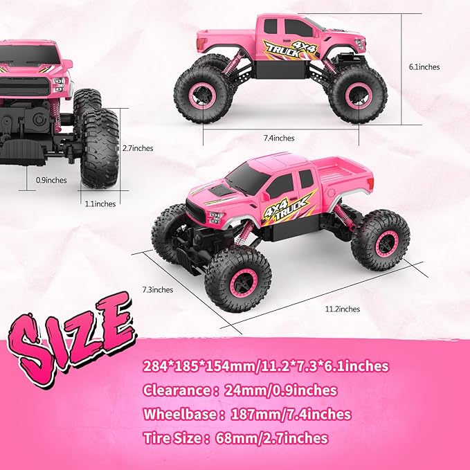 Double E Raptor F150 RC Car 4WD 2 Motors Monster Trucks for Girls 11 Inches Off Road Crawler Vehicle Truck Toy with Rechargeable Battery Gift for Kids 6 7 8 9 10 11 12 Years-Pink