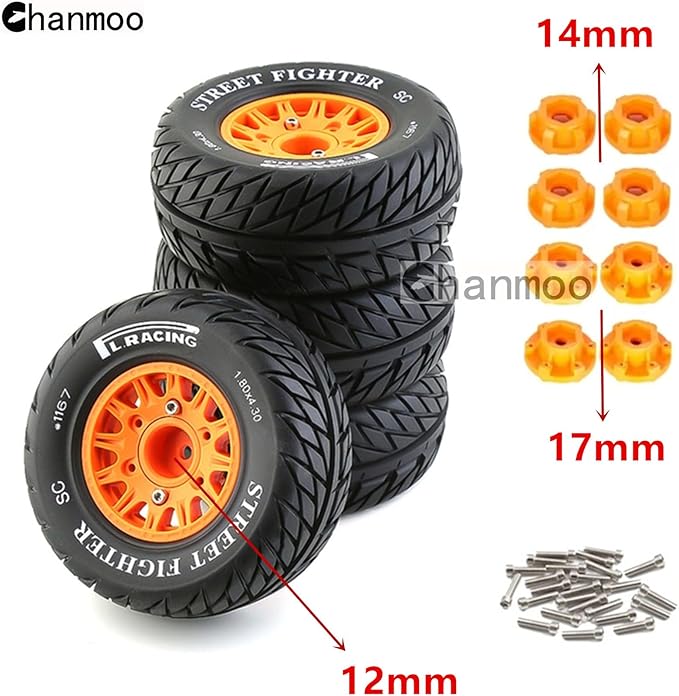 1/10 RC Short Course Truck Tires And Wheels With 12mm 14mm 17mm Hex 113mm 1/8 Rubber Tyres For 1/8 or 1/10 Scale On Road Car HSP Sonic 94102 GT PTG-2 Tamiya TT02 RC Racing Car 4PCS (Orange B)