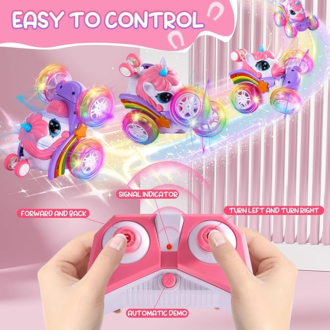 Remote Control Car Unicorn for Girls 360° Rotating 4WD Stunt RC Cars with Cute Cool LED Lights 2.4GHz Toy Car USB Direct Charging RC Cars Birthday Gifts for Kids Girl Age 3-6 7-9 (LY-018)