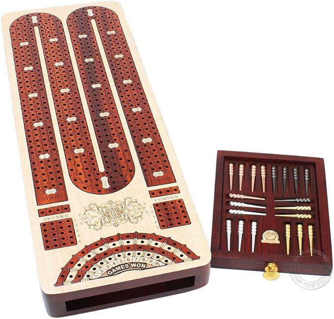House of Cribbage - 4 Track Continuous Cribbage Board Inlaid in Bloodwood - Size: 13.5 Inches - Storage Drawer for Cribbage Pegs and Score Marking Fields for Skunks Corners and Won Games