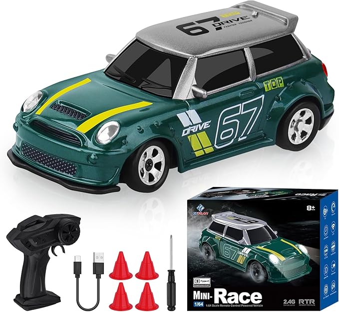1:64 Mini RC Drift Car 4WD Remote Control Car with LED Lights Proportional Throttle Multiple Drift Modes USB Type-C Rechargeable Desktop Racing Toy for Kids &amp Adults