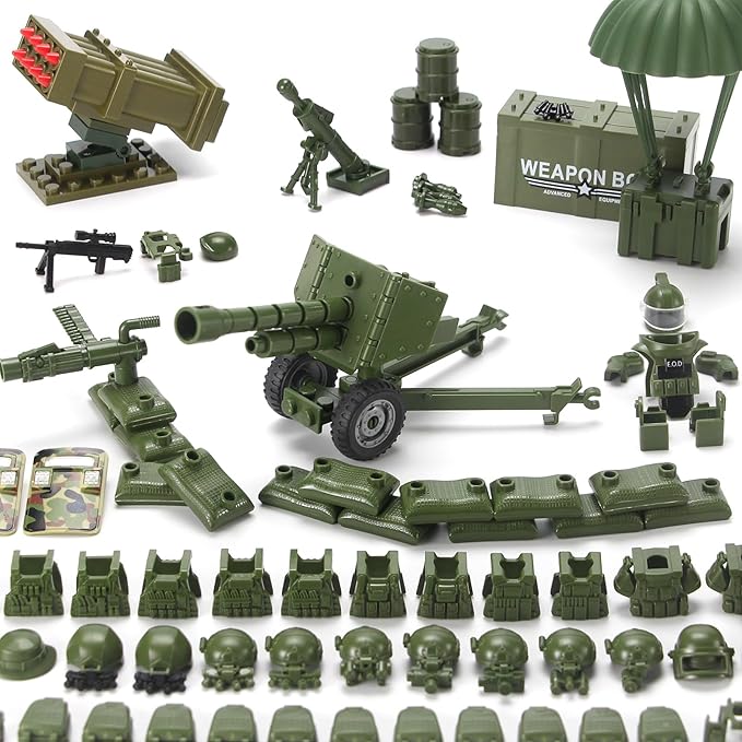 Military Weapons Pack with Shipping Cargo Container Army Equipment Helmet Armor 325Pcs Various of Military Accessories Building Block Toy Compatible with Major Brands Soldier Figures (Jungle Green)