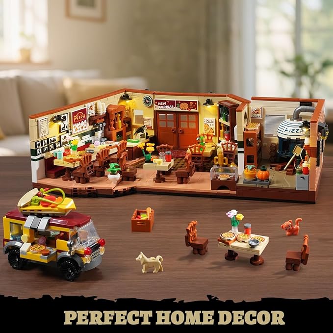 City Street Pizza Restaurant Building Set with Light 1098PCS Pizzeria House Architecture Model with Retro Pizza Van Home Decor Construction Building Block Gift for Adults Teens Boys Girls 10+