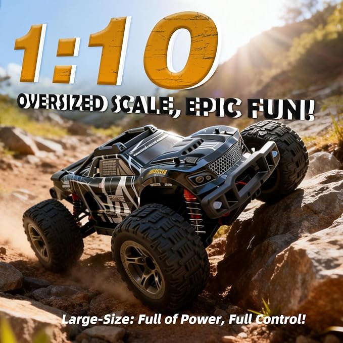 1/10 Remote Control Car 38km/h High Speed RC Car 4X4 Off-Road RC Truck IPX4 Waterproof Remote Control Truck Two 2000mAh Li-Po Batteries 2.4GHz RC Buggy for Teenagers and Adults