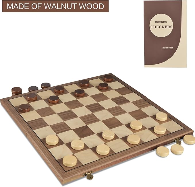 Walnut 15 Magnetic Checkers Board Game Set - Folding Wooden 8x8 Chessboard with 24 Interlocking Pieces Storage Slots - Family Strategy Game for Beginners &amp Kids Adults