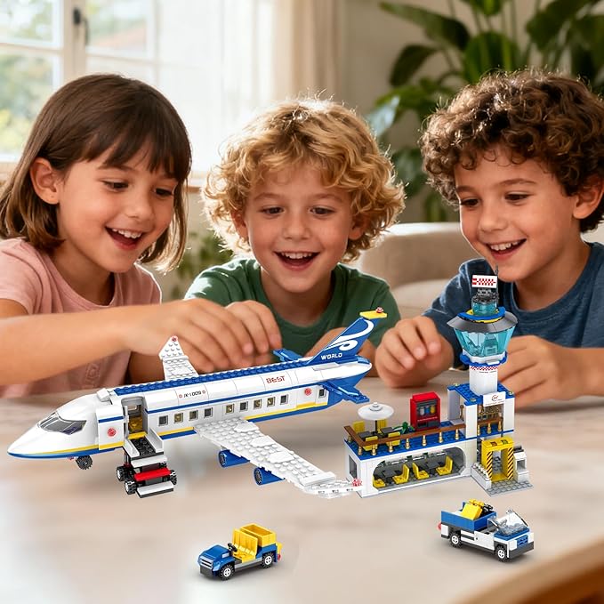 880 Pcs City Airport Passenger Terminal Building Set 6 IN 1 Airplane Building Blocks Toy STEM Aircraft Bricks with Shuttle BusLuggage CartPlanes Model Toys Gifts for Adults Boys Ages 6-12+