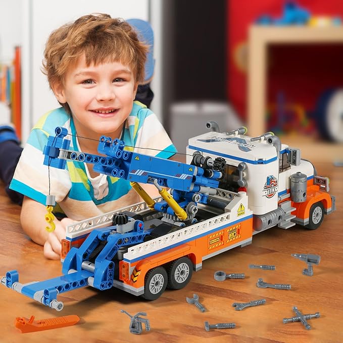 Tow Truck Building Block SetRoad Rescue Vehicle with Crane Toy Model Building KitCity Crane Construction Vehicles Building KItGifts for Kids Ages 6+