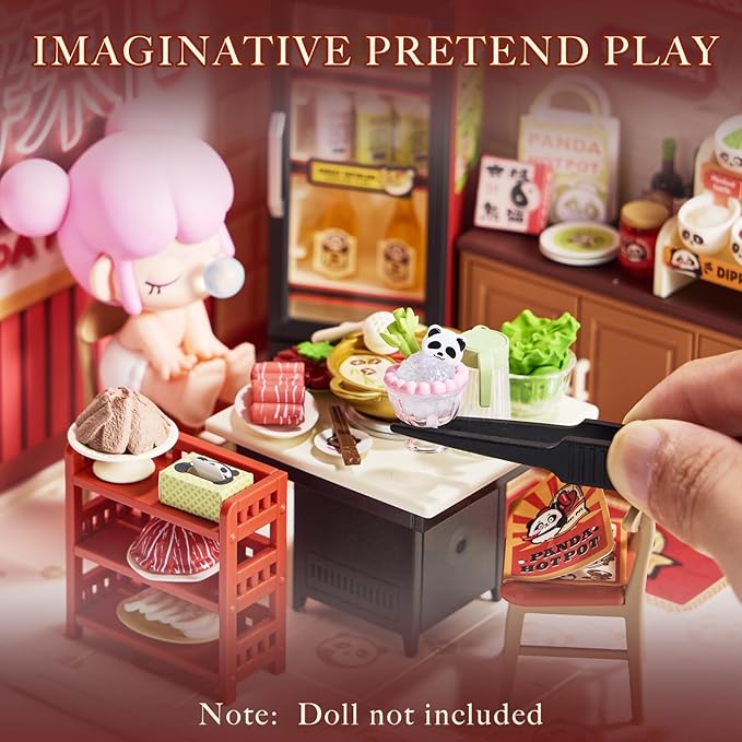 Rolife Super Creator DIY Miniature Plastic House Building Set Playset with LED Suitable for Mini Figures Construction Toys Diorama Kit Gifts for Teens Adults (Panda Hot Pot)