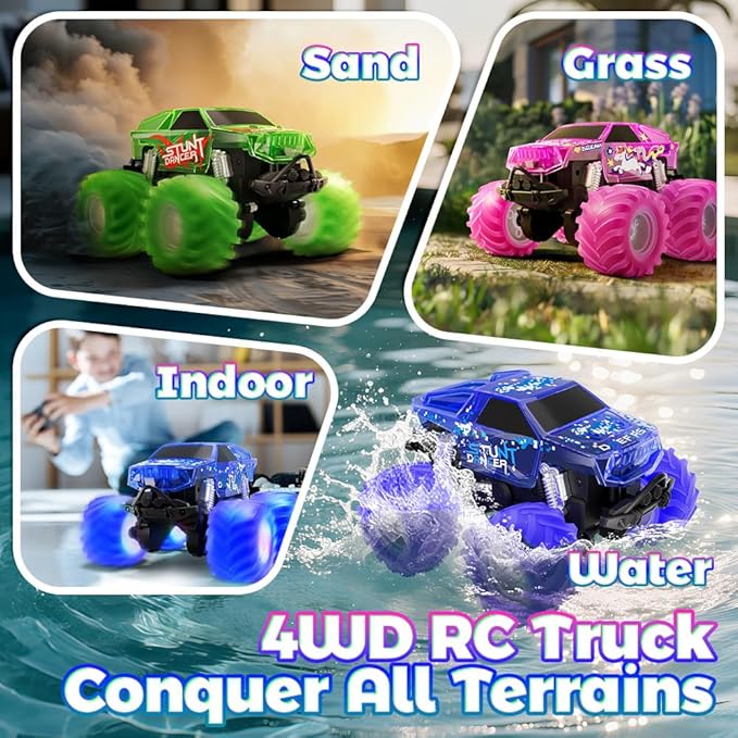 Blue Monster Truck Toy Amphibious Remote Control Car 4WD All Terrain Off-Road RC Truck with Colorful Light RC Stunt Car Toy for 6 7 8 9 10 11 12 Year Old Boy Birthday Gift