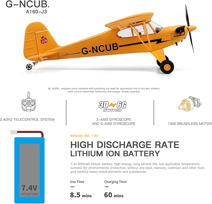 Large Brushless Remote Control Plane XK A160 RC Aircraft Glider J3 6-Axis Gyroscope 5-Channel 3D Stunt Somersault Flight 6 AXIS Gyro for Beginners Adults Expert
