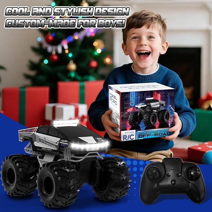 Police Remote Control Car 1:18 Cyber Truck Remote Control Car 2.4 GHz Waterproof Amphibious RC Cars 4WD All Terrain Off-Road Pickup 360° Rotatable Monster Truck Toys for Boys RC Cars Ages 6+