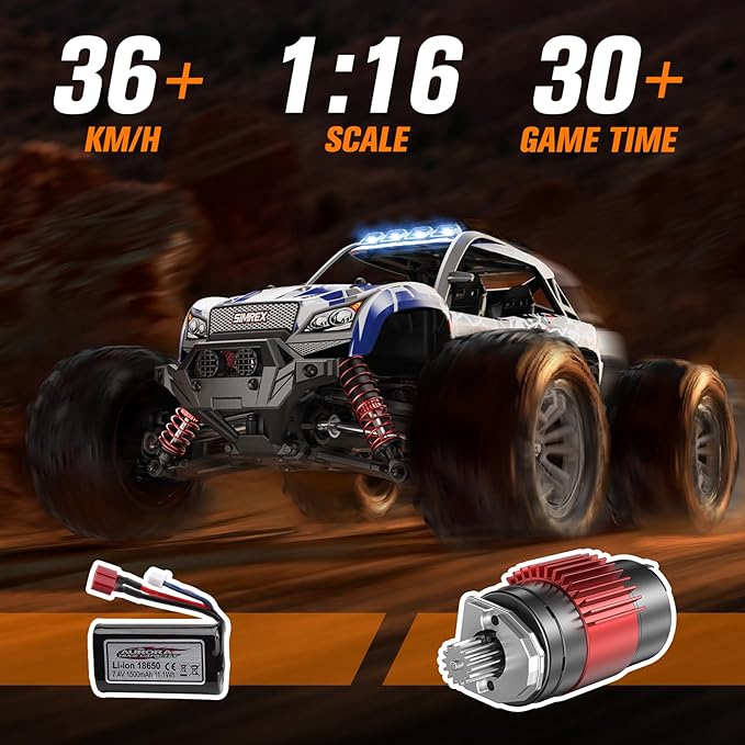 SIMREX 1/16 Scale Hobby RC Car 36 KPH High-Speed 4WD RC Truck 2.4 GHz Remote Control Car All-Terrain Electric Vehicle 4X4 Remote Contral Moster Truck for Kids and Adults
