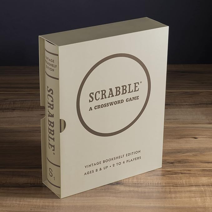WS Game Company Scrabble Vintage Bookshelf Edition Linen Fabric-Wrapped Book Case with Solid Wood Tiles and Racks Classic Retro Scrabble Board Game for Family Night 2 to 4 Players Ages 8+