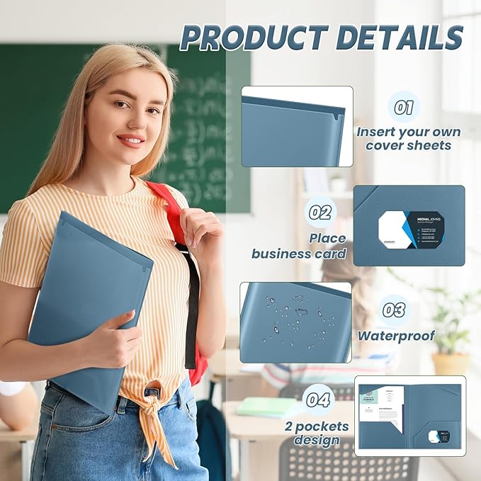 Henoyso 60 Pack Plastic Folders with Clear Front Pockets Heavy Duty File Folders with 2 Pockets and Card Slot for Classroom School &amp Office Bulk Supply (Blue Gray)