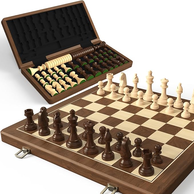 Premium Natural Walnut 15 Magnetic Wooden Folding Chess &amp Checkers Set- 2 in 1 Board Game with 3 King Staunton Pieces and 2 Extra Queens Checkers and Dust-Proof Storage Bag (Black)