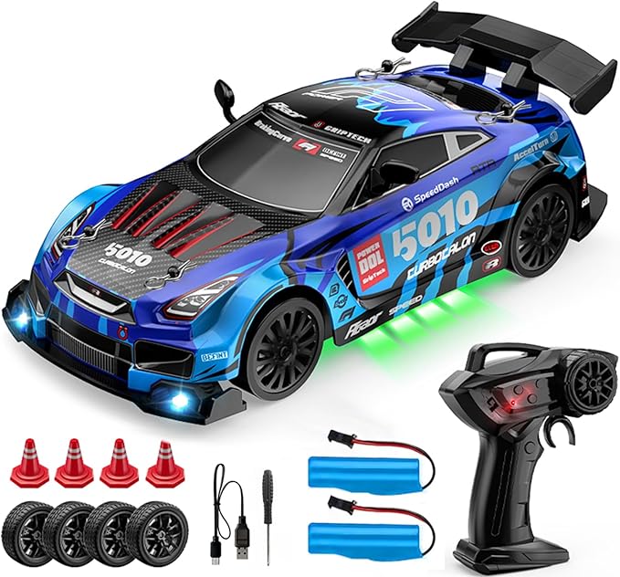 1:24 Scale RC Drift Car 4WD 2.4GHz High Speed Racing Sport Toy Car with LED Lights Racing and Drift Wheels (E83-Blue)