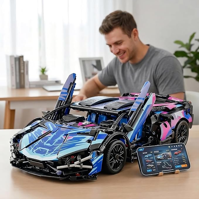 DIY RC Kit - 1280PCS Building Blocks for Adults &amp Kids 1:14 Scale Remote Control Sports Car with LED Lights STEM Building Blocks for Creative Play