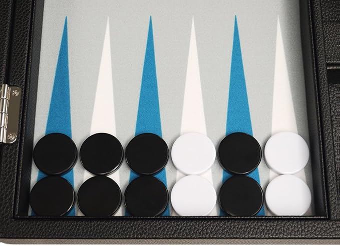 13-inch Premium Backgammon Set - Travel Size - Black Board White and Astral Blue Points