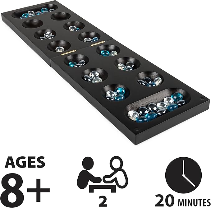 Spin Master Games Legacy Deluxe Mancala Classic Game with Folding Wooden Board &amp Colorful Glass Stones Family Game for Ages 8 &amp Up