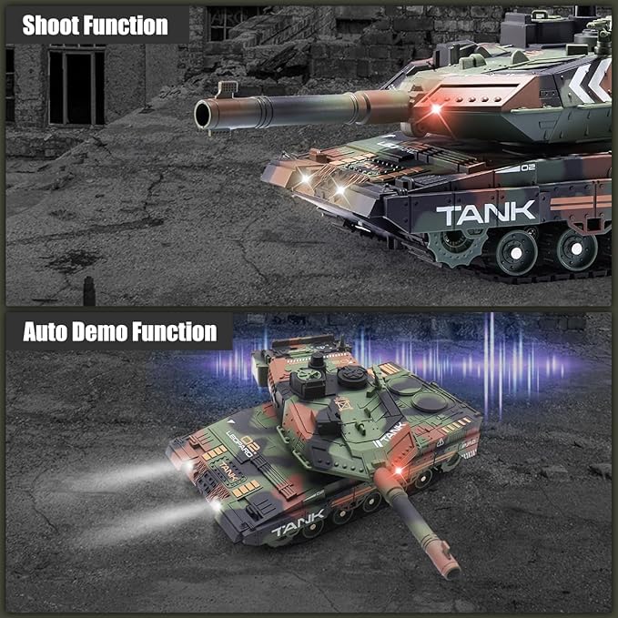 RC Tank that Shoots for Kids - 2.4Ghz Remote Control Army Tank Toys with Auto Demo Sound Light Smoke - 13 Channel Military Vehicles Model Gift for Adults Boys Age 6-8 9-12 Army Green