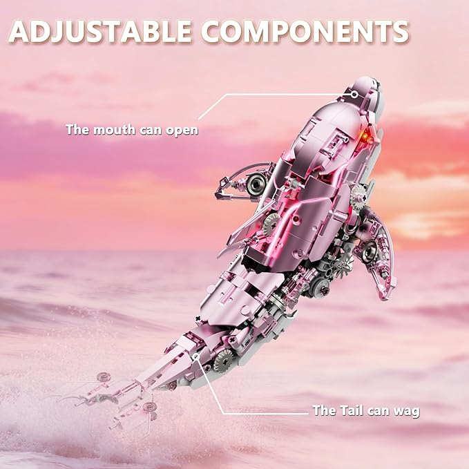 888-PCS Mechanical Pink Dolphin Building Set with LED Light Movable Linkage Gears Display Stand - Ocean Building Block Toy for Adults Teens Kids Age 12+