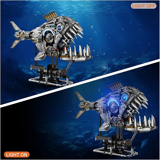 1085-PCS Mechanical Piranhas Fish Building Set with LED Light Movable Linkage Gears Display StandMechanical Fish