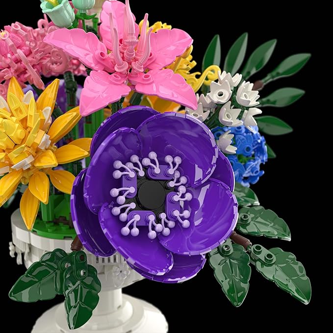 Botanicals Flower Bouquet Building Set - Includes Hydrangeas Snapdragons Peonies &amp More Artificial Flower Arrangement Toy with Vase Mother‘s Day Gift for Girls (1081PCS)